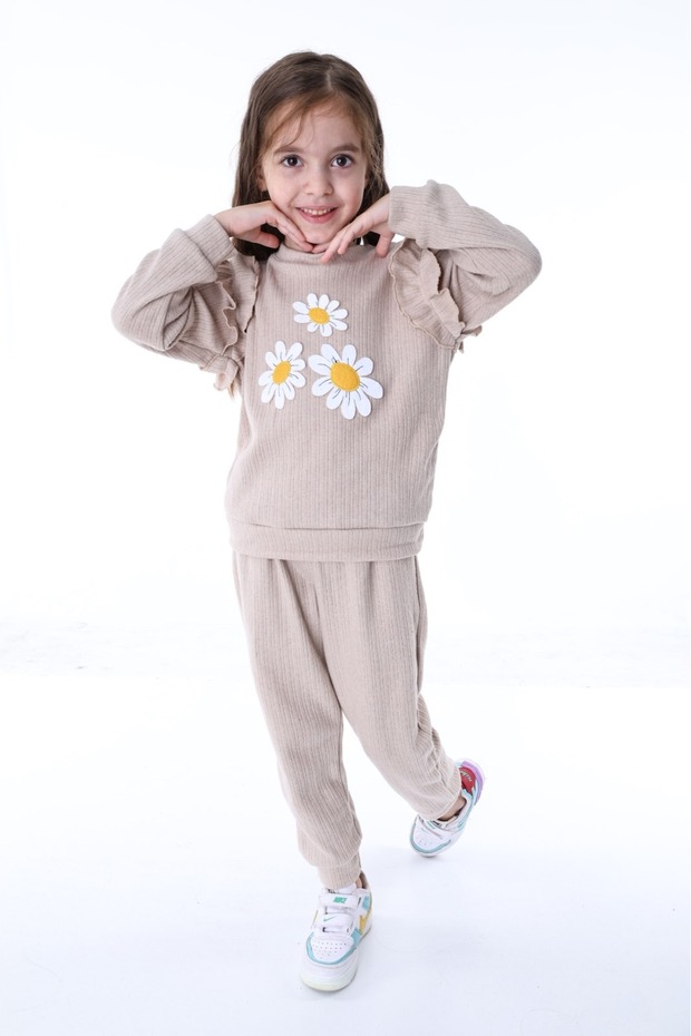 Cotton Daisy Embroidery Embroidered Shoulder Ruffle Tracksuit Bottom Top Girl's Two-Piece Set