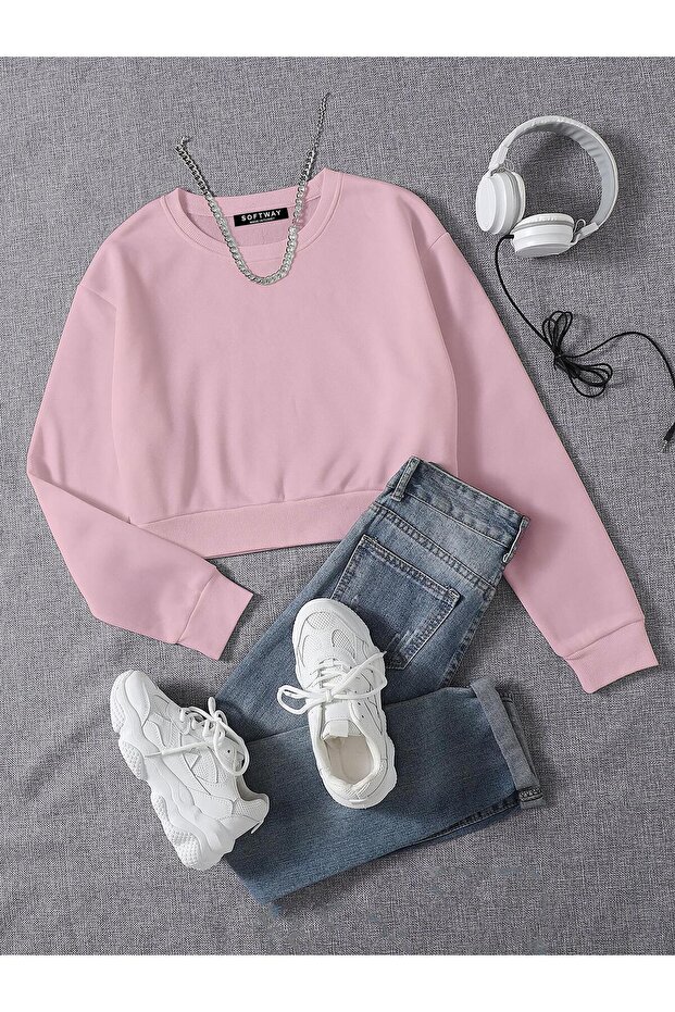 Women's Basic Crop Oversize Sweatshirt with Fleece Inside – Pink