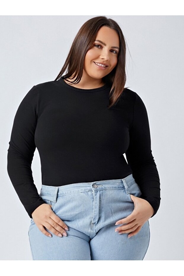 Black Large Size Blouse Darkalıp/Slimfit Interlock Combed Cotton Crew Neck Large Size Body
