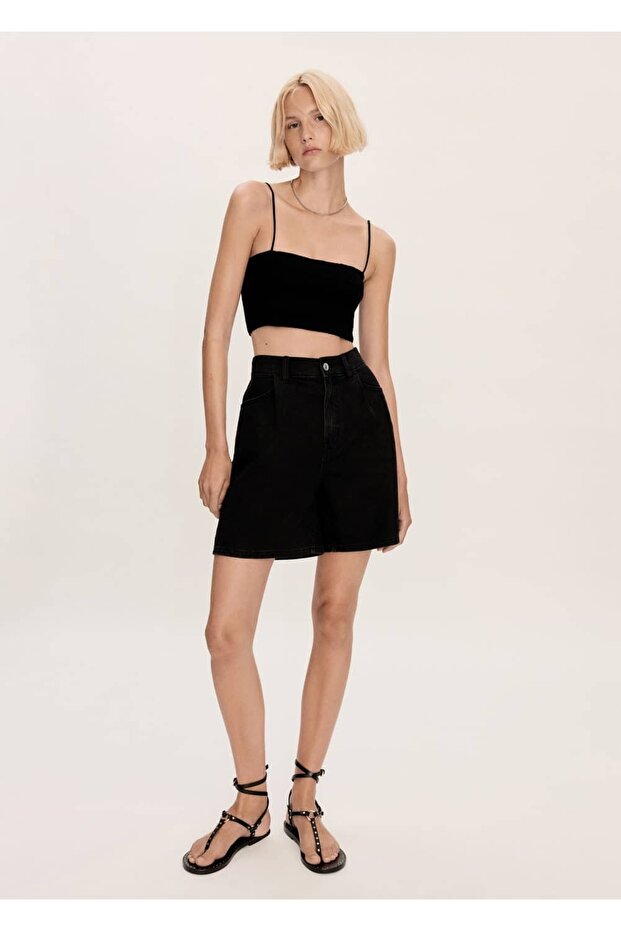 Düz kesim denim şort - 2