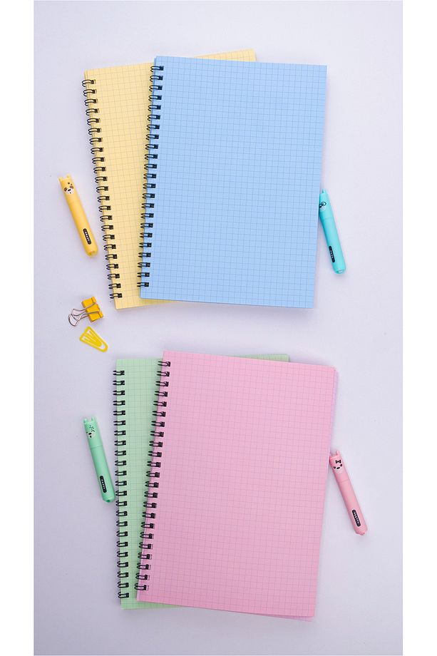 A5 Spiralli Okul Defteri 50 Yaprak 100 Sayfa 4'lü Set - Kareli Defter - Renkli Defter - 4