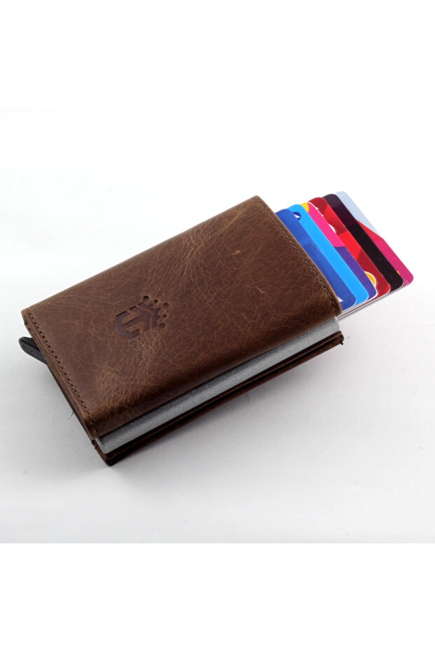 Genuine Leather Men's Wallet Crazy Leather with Automatic Mechanism (Crazy Leather - Brown)