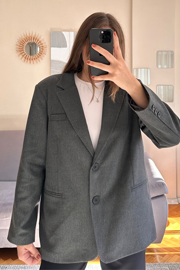 Antrasit Premium Çift Düğmeli Oversize Blazer Ceket - 2