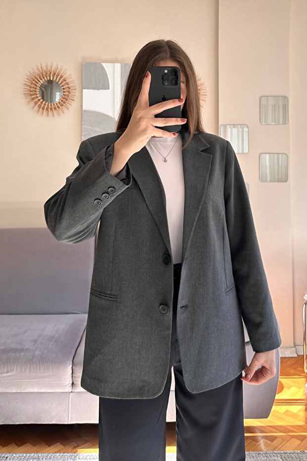 Antrasit Premium Çift Düğmeli Oversize Blazer Ceket - 1