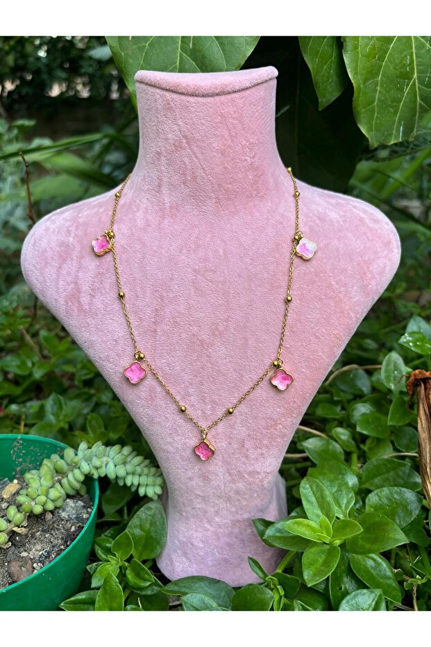 Stainless Steel Shiny Ball Beaded Lucky Clover Necklace