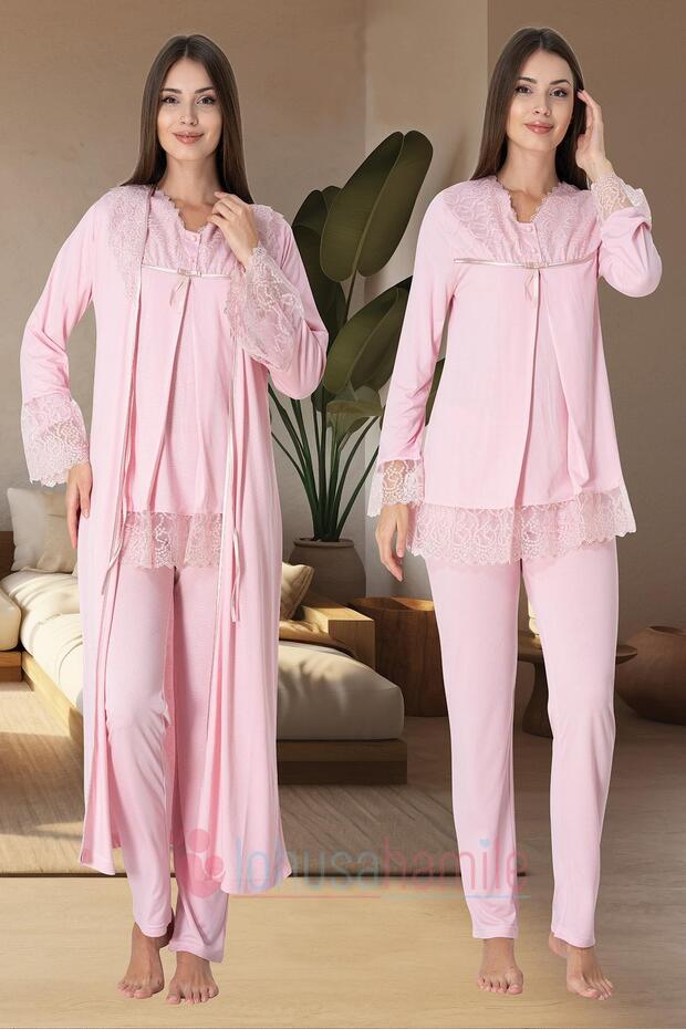 Maternity Pajama Set with Hidden Breastfeeding Feature and Powder Dressing Gown 7044
