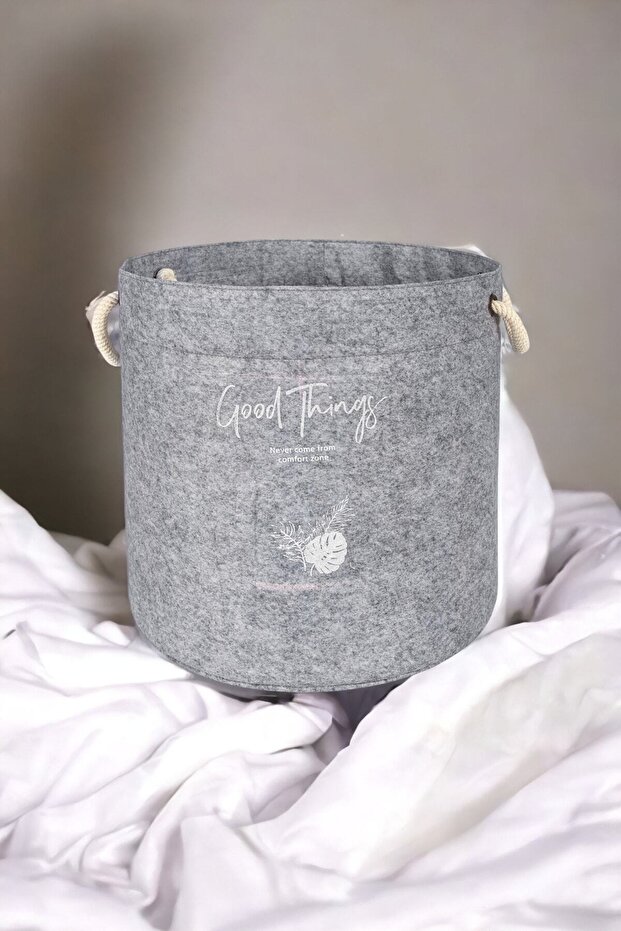 Multi-Purpose Round Basket with Felt Handles, Mega Size, 27X27Cm, Gray Color - 1