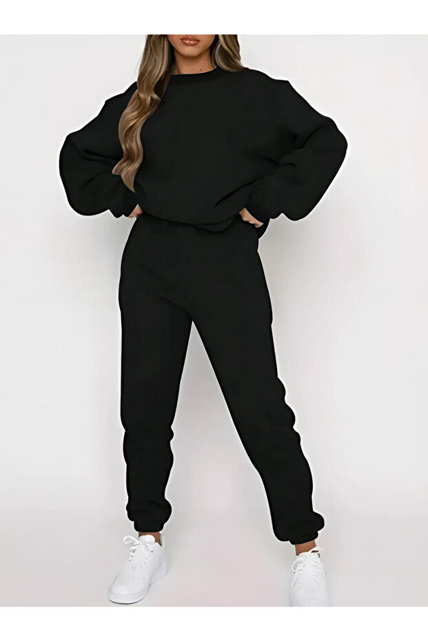 Plain Thick Winter Tracksuit Set - Black Sweatshirt Jogger Oversize Crew Neck