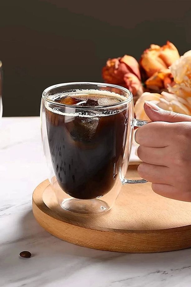 6lı Çift Camlı Çift Cidarlı Cam Kupa 350 ml Ev Ofis Fincanı Çift Katlı Isı Yalıtımlı Kulplu Bardak - 6