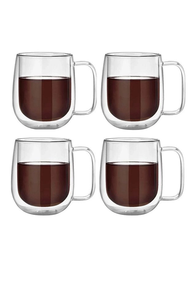 6lı Çift Camlı Çift Cidarlı Cam Kupa 350 ml Ev Ofis Fincanı Çift Katlı Isı Yalıtımlı Kulplu Bardak - 3