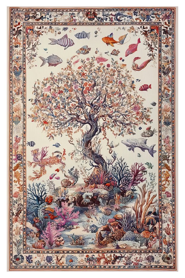 Nora Art 05 Underwater World Themed Pastel Colored Modern Woven Base Decorative Living Room Carpet