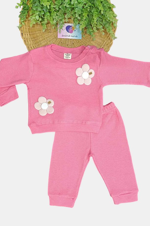Kız Bebek Mevsimlik Çiçek Nakışlı Waffle Kumaş Uzun Kollu Kışlık Takım 6-9-12-18-24 AY - 2