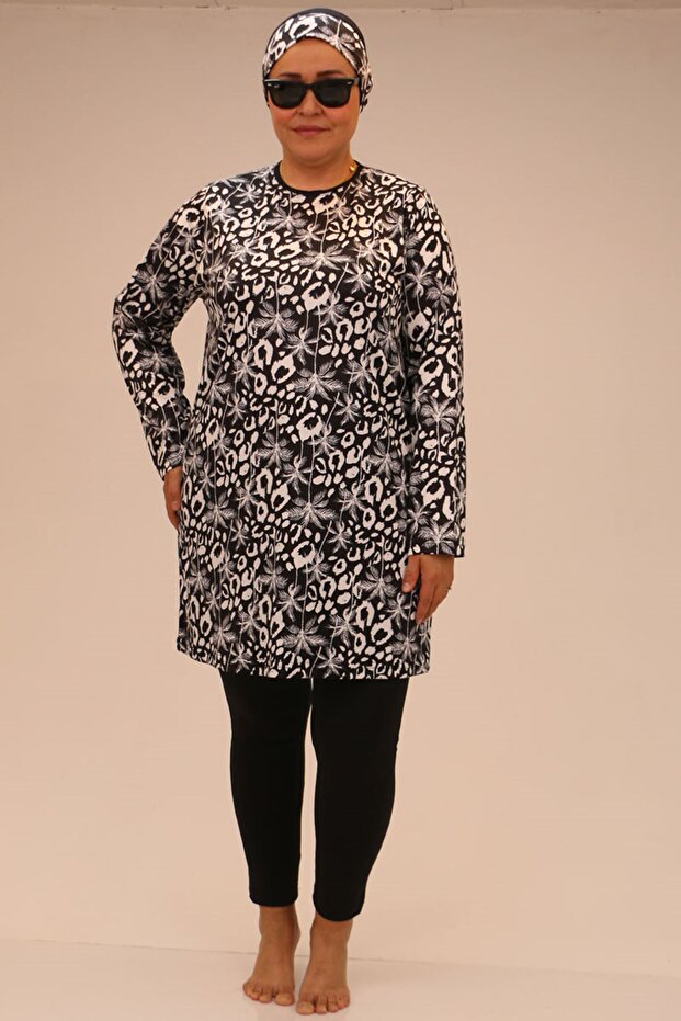 1727 Model - Large Size Black Hijab Swimsuit Set, Long Sleeve and Leaf Pattern
