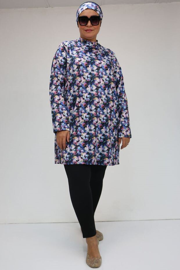 1727 Plus Size Uzunkol Hijab Swimsuit Set - Rose Floral