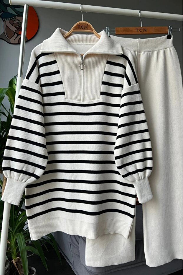 Collar Zippered Striped Knitwear Set (Standard Size)