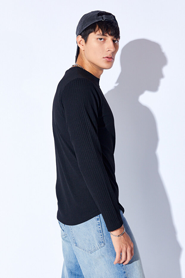 Siyah Bisiklet Yaka Jakarlı Dokulu Kumaş Slim Fit Basic Uzun Kol Erkek Tshirt | EE1000229956 - 7