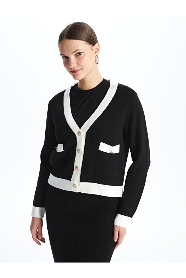 Black V-Neck Plain Long Sleeve Women's Knitwear Cardigan