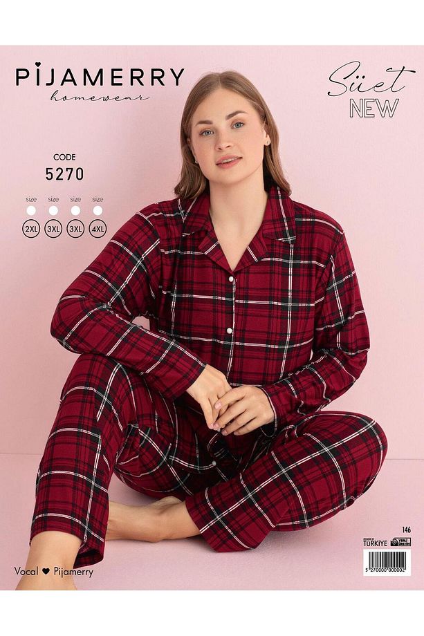 Pijamerry Kadın Büyük Beden Gömlek Yaka Süet Uzun Kol Pijama Takımı 5270- 1 Adet - 2