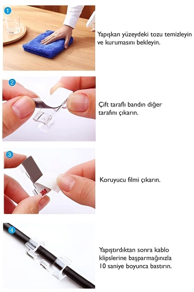 100 Adet Kablo Sabitleyici Düzenleyici Duvar Fayans Cam Kablo Tutucu Yapışkanlı Organizer Klipsler - 6