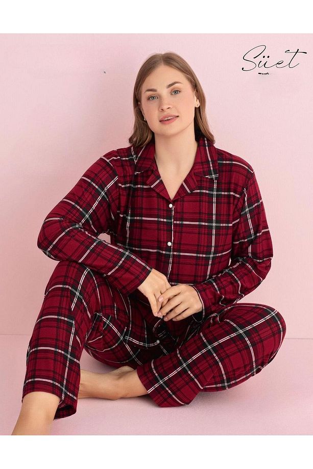 Pijamerry Kadın Büyük Beden Gömlek Yaka Süet Uzun Kol Pijama Takımı 5270- 1 Adet - 1