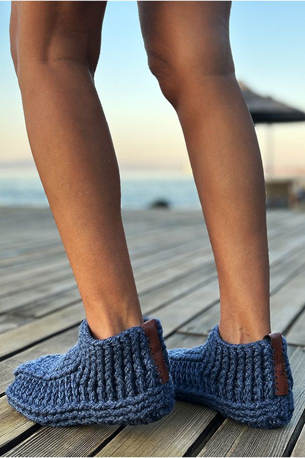 El Örgüsü Tığ İşi Örgü Yün Patik Ev Terliği Botu Denim Mavi - 3