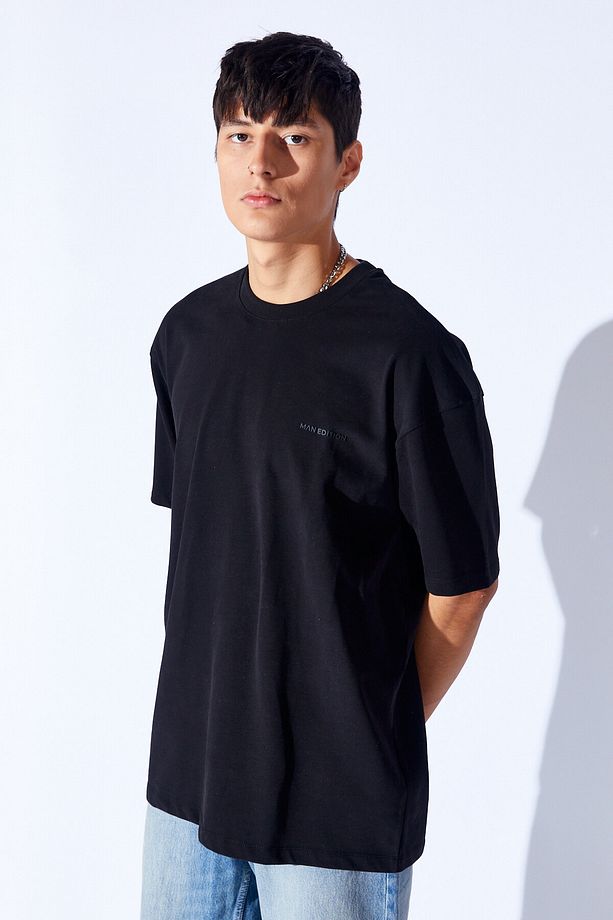 Siyah  Kalın Gramajlı Soft Dokulu Fırçalı Yüksek Baskılı Oversize Erkek Tshirt | MNN211049-01 - 7