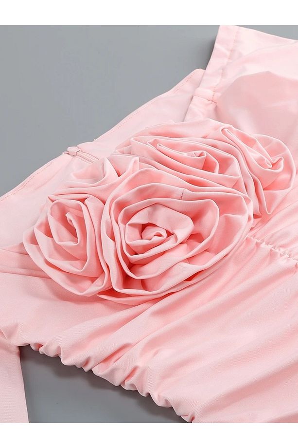 Gül Detaylı Drapeli Pembe Mini Şık Gece Elbisesi - 7