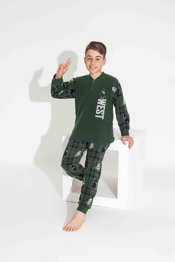 Erkek Genç Ve Çocuk West Nakışlı Uzun Kollu Polar Kumaş Kışlık Sıcak Tutan Pijama Takımı - 1
