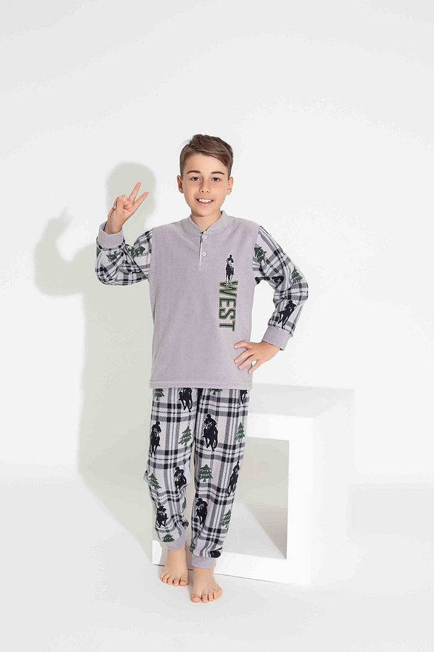 Erkek Genç Ve Çocuk West Nakışlı Uzun Kollu Polar Kumaş Kışlık Sıcak Tutan Pijama Takımı - 2