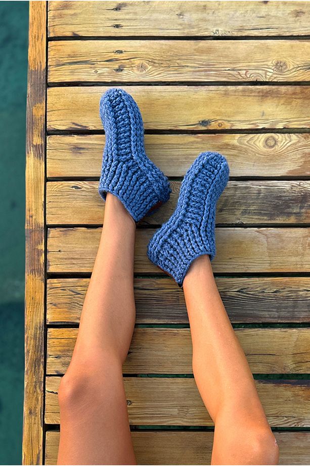 El Örgüsü Tığ İşi Örgü Yün Patik Ev Terliği Botu Denim Mavi - 1