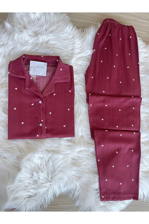 Koyu Pembe Kalp Desenli Pegasus Kısa Kol Pijama Takımı - 3