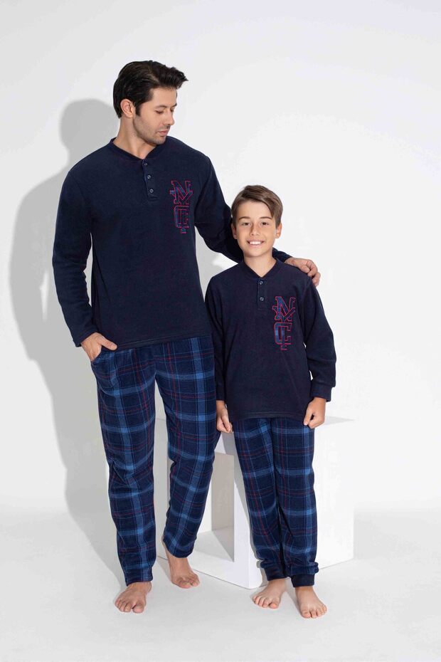 Men's Navy Blue Plaid Patterned Long Sleeve Father-Sohn Fleece Fabric Winter Warm Pajamas Set
