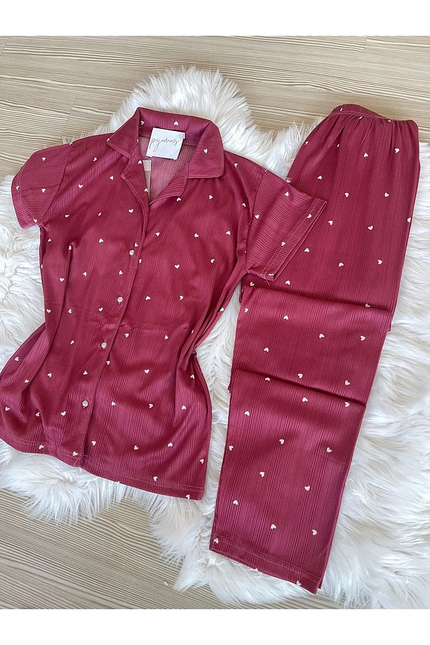 Koyu Pembe Kalp Desenli Pegasus Kısa Kol Pijama Takımı - 7
