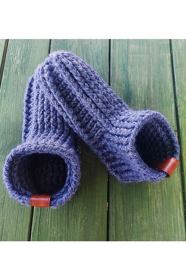 El Örgüsü Tığ İşi Örgü Yün Patik Ev Terliği Botu Denim Mavi - 4