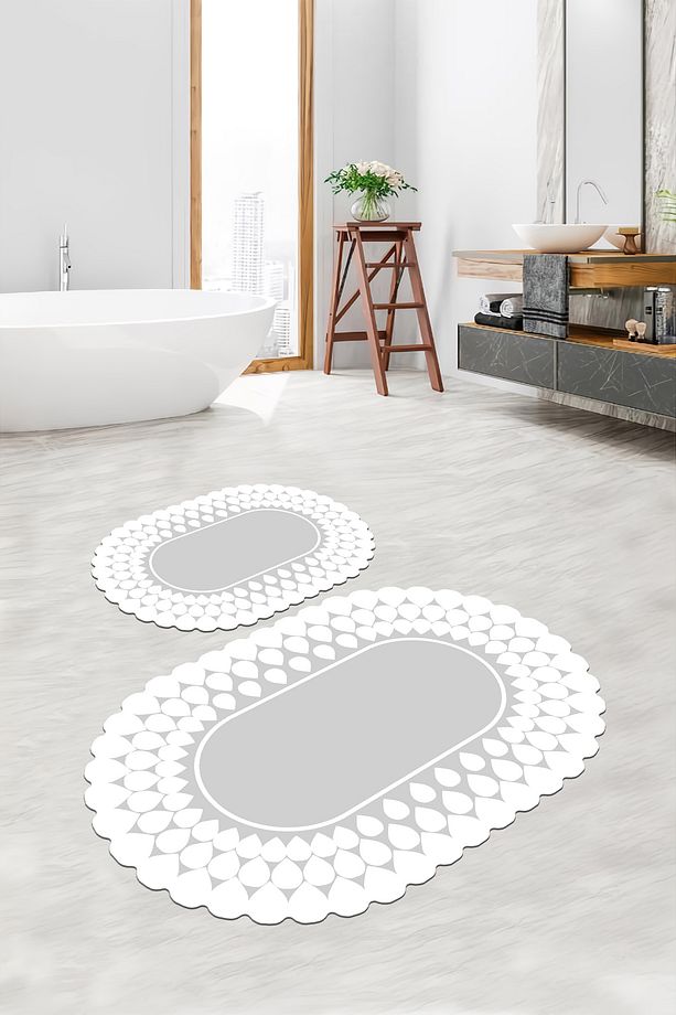 Su Emici Banyo Paspası Sünger Dolgulu Klozet Takımı Makinede Yıkanabilir Açık Gri Banyo Takımı - 1