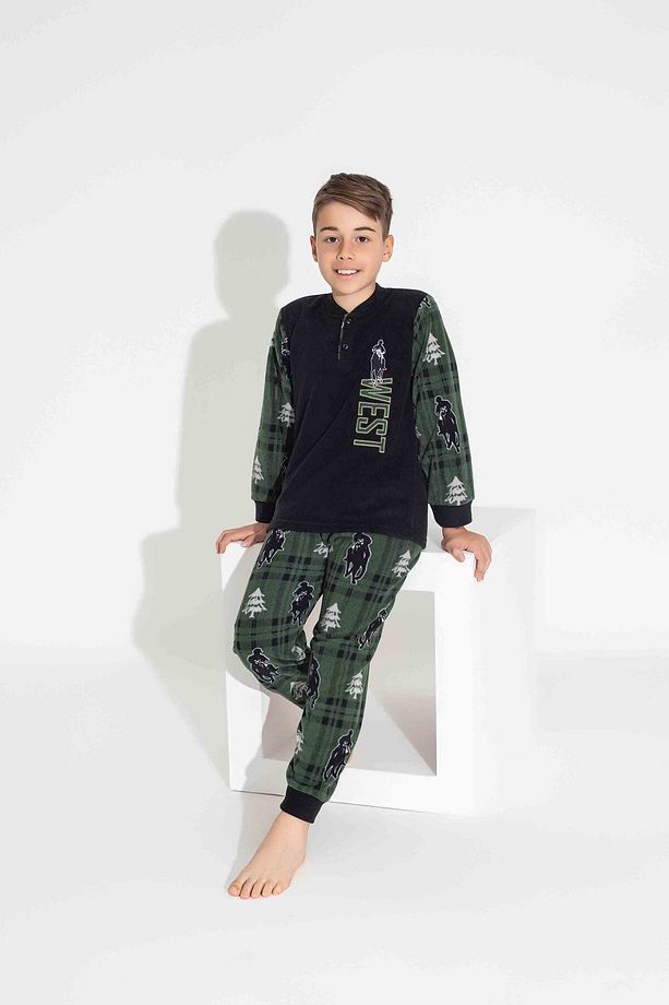 Erkek Genç Ve Çocuk West Nakışlı Uzun Kollu Polar Kumaş Kışlık Sıcak Tutan Pijama Takımı - 1