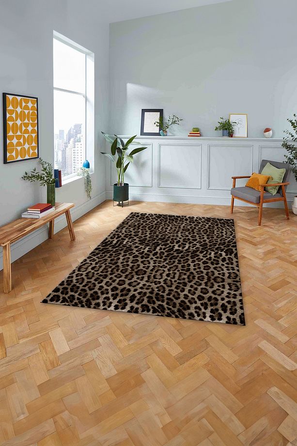 Baskılı Modern Leopar Model Yıkanabilir Kaymaz Yolluk Mutfak Salon Halısı, MODERN-148-KAHVE, - 2