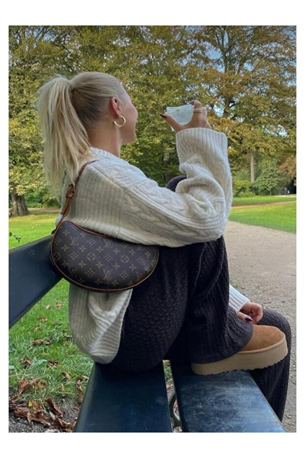 Ekru Bisiklet Yaka Örme Triko Kazak - 3