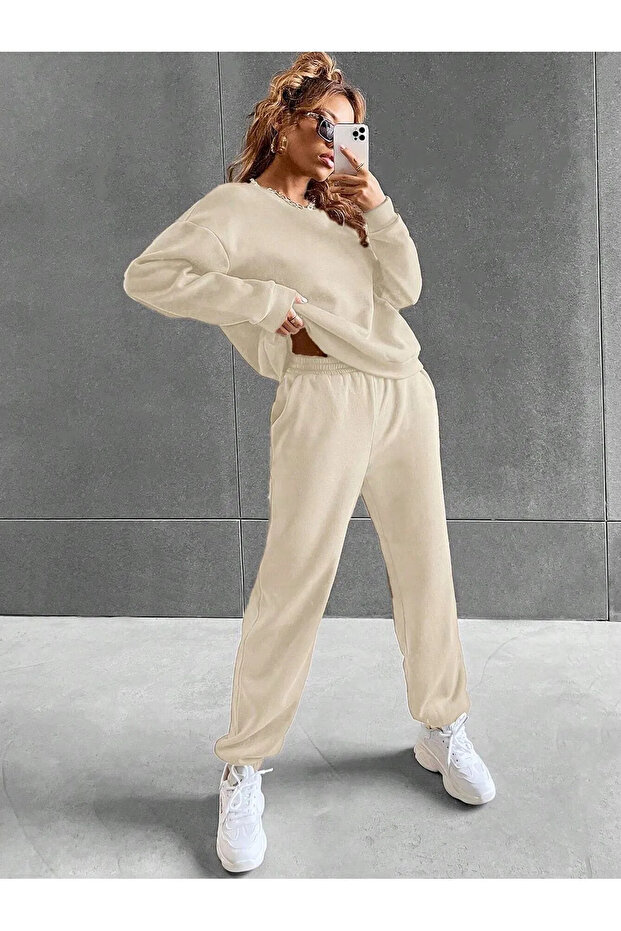Basic Plain Winter 3 Thread Thick Tracksuit Set - Crew Neck High Waist Unisex Set