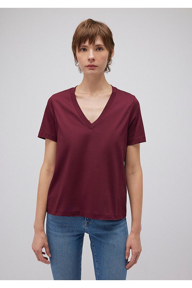 Pamuklu Merserize V Yaka Bordo Basic Tişört Regular Fit / Normal Kesim 1612701-70415 - 3