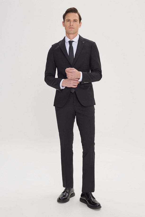 Erkek Siyah Slim Fit Dar Kesim Mono Yaka Takım Elbise - 4