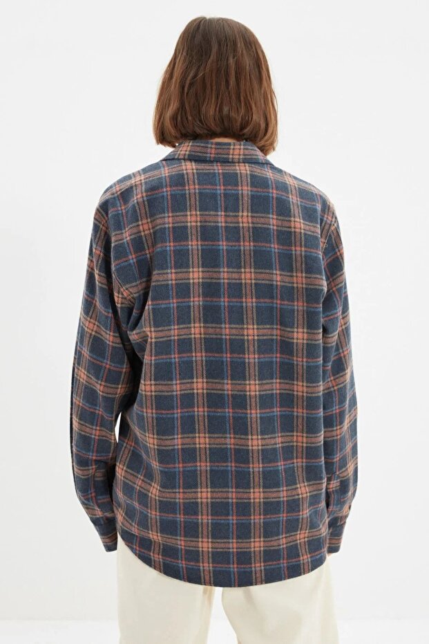 Lacivert Unisex Oversize Çıtçıt Kapamalı Oduncu Ekose Gömlek TMNAW22GO0745 - 6