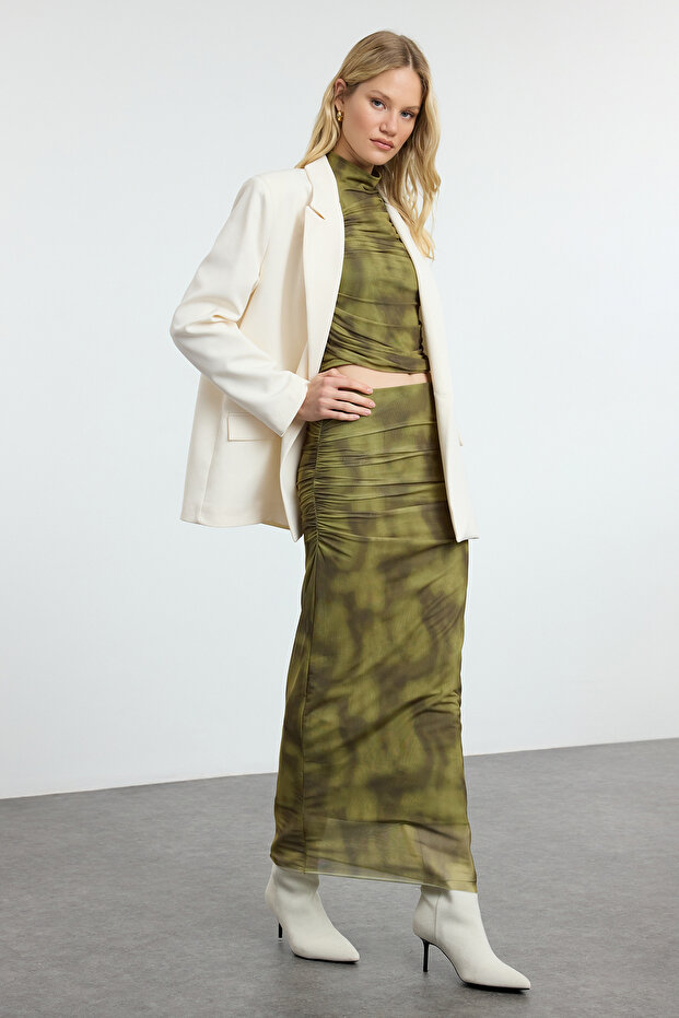 Πράσινη Drapeling Abstract Pattern Maxi Tulle Ευέλικτη Πλεκτή Φούστα TWOSS24ET00023 - 1