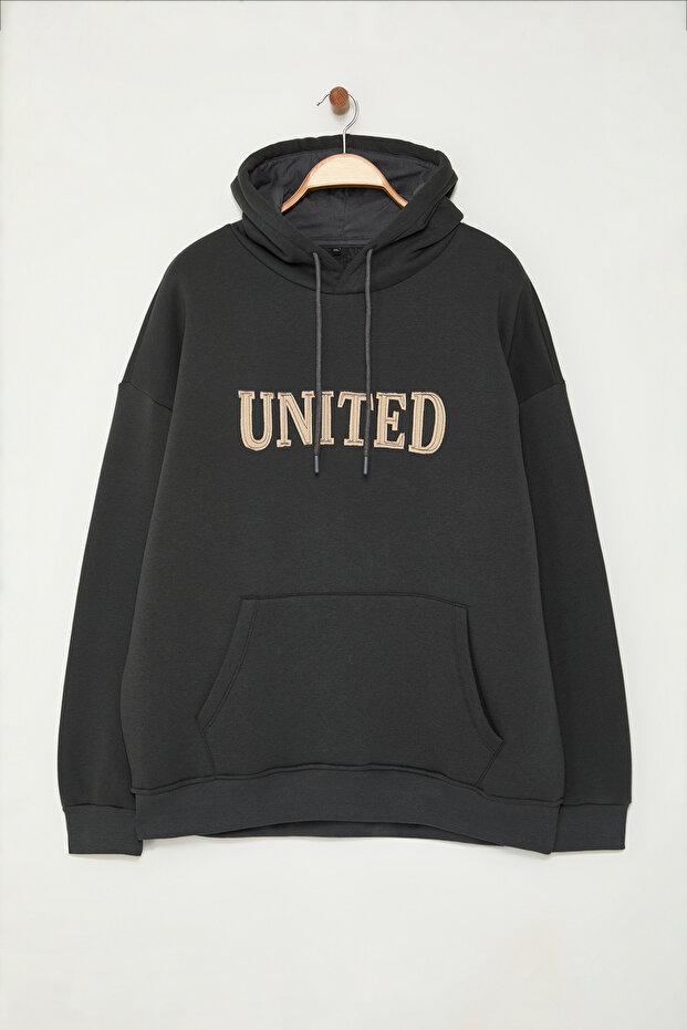 Büyük Beden Antrasit Oversize İçi Polar/Sıcak Tutan Nakışlı Sweatshirt TMNAW25AO00057 - 3