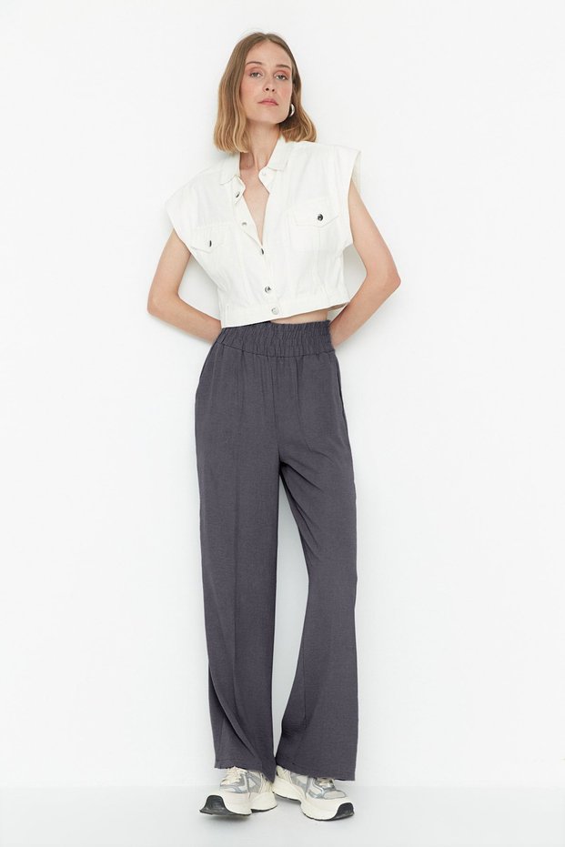 Gray Wide Leg / Wide Ankle Waist Elastic Woven Trousers TWOSS22PL00024