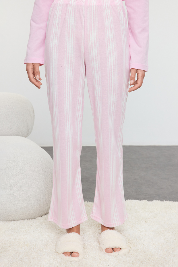 Pembe Pamuklu Çizgili Örme Pijama Takımı THMAW25PT00188 - 4