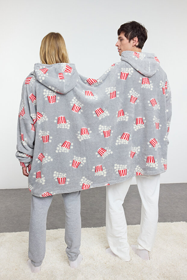 Unisex Couple/Çift Gri Baskılı Wellsoft Kışlık Örme Sabahlık THMAW25SB00014 - 5