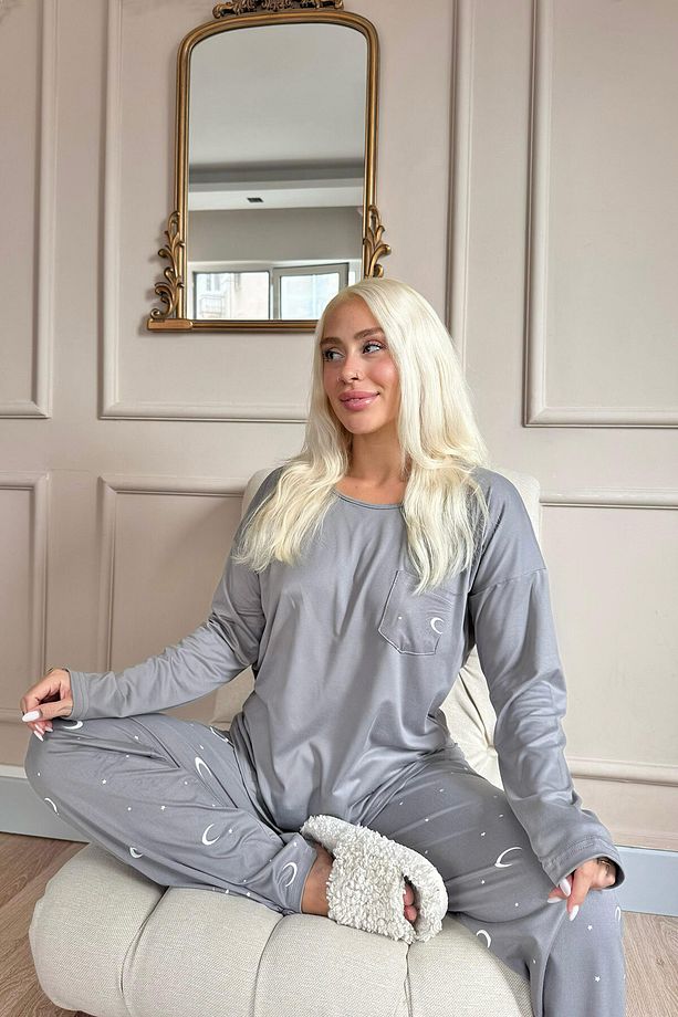 Antrasit Ay Yıldız Desenli Bambu Uzun Kol Kadın Pijama Takımı - 4