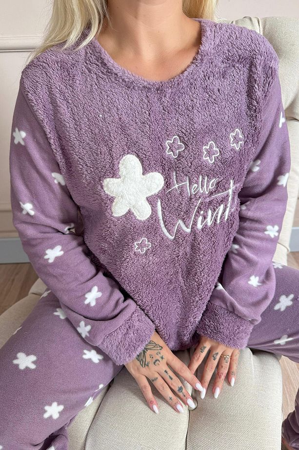 Mor Hello Winter Desenli Kadın Peluş Pijama Takımı - 6