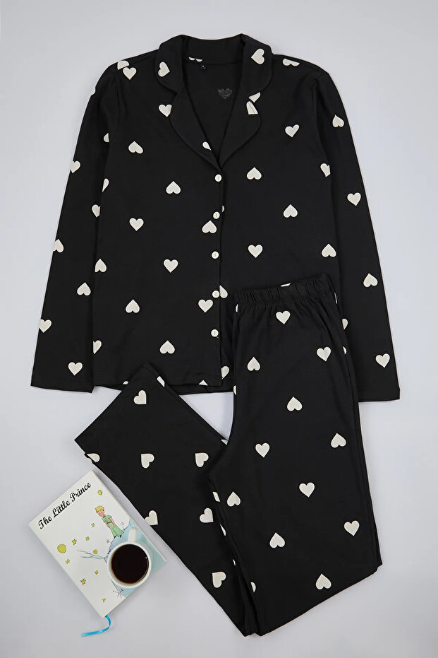 Siyah Kalpli Gömlek Yaka Örme Pijama Takımı TBBAW23AI00019 - 2